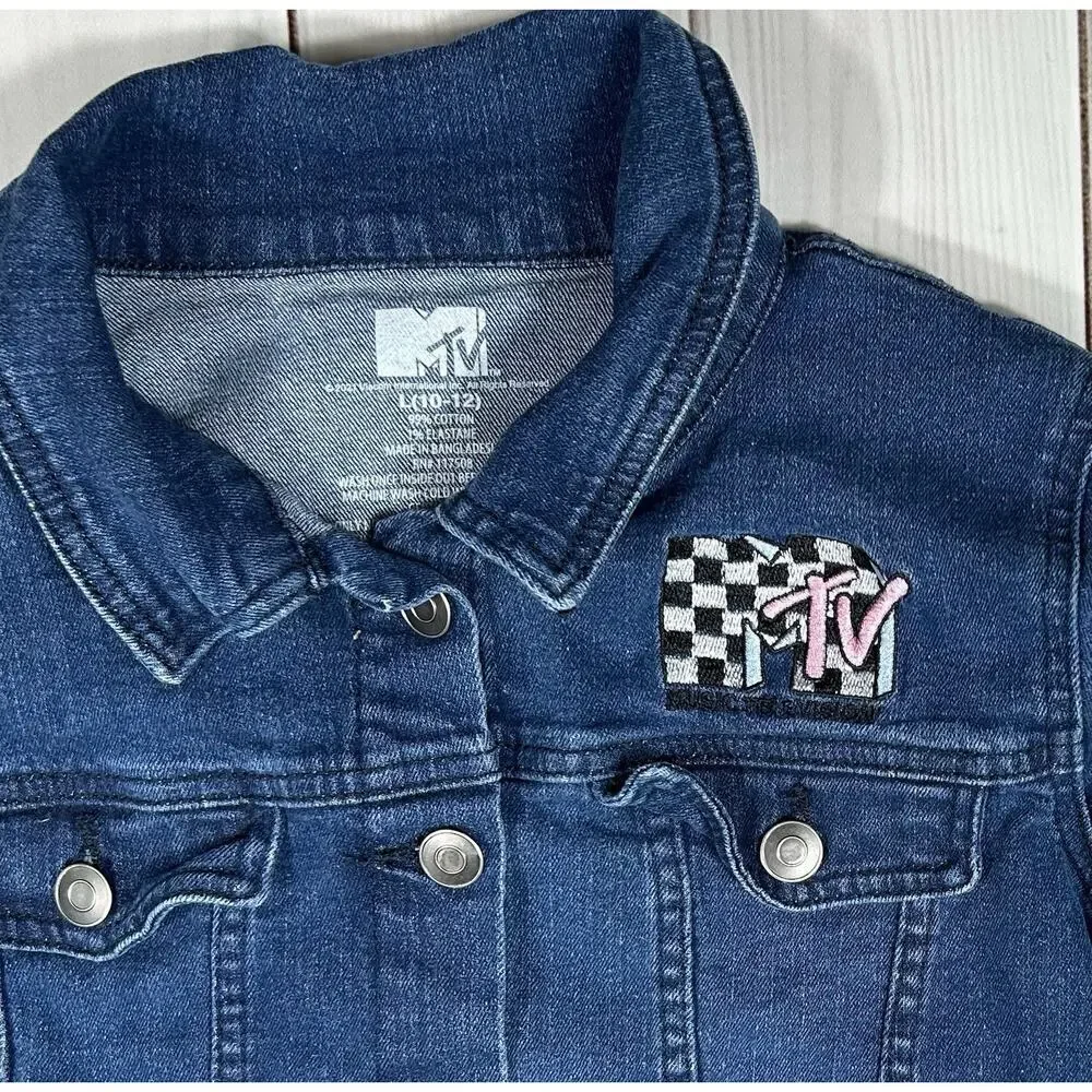 MTV Music Television Denim Jacket Girl's Large (10-12) Sewn Patch Button Down